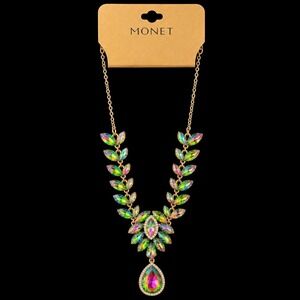 Vintage Monet Aurora Borealis Crystal Statement Necklace Gold Tone Sample New